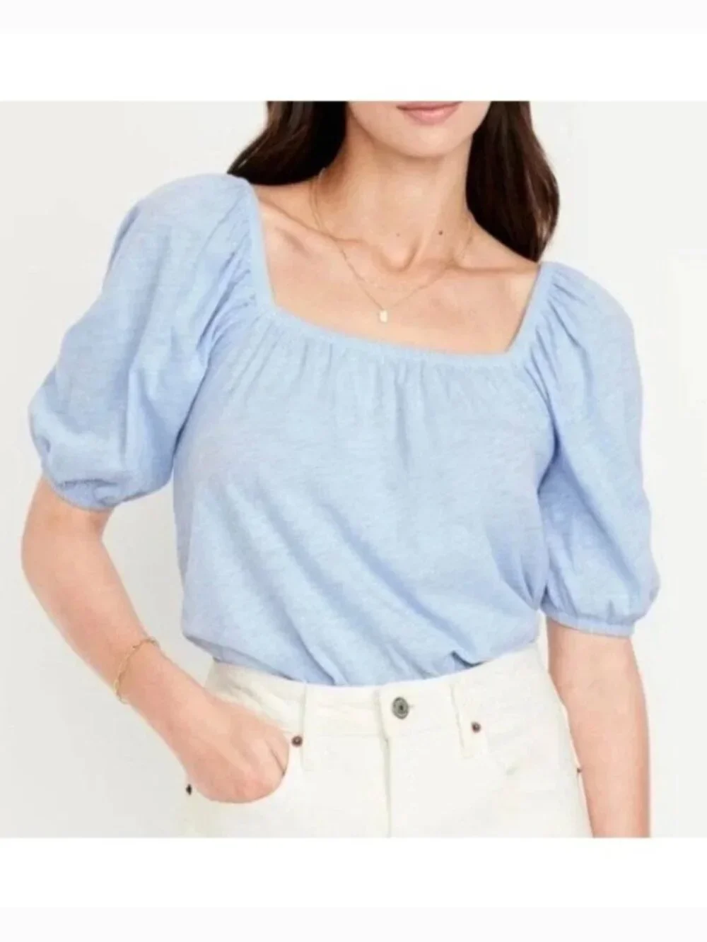 Old Navy Women’s Plus Size 3X Slub-Knit Jersey Square Neck Puff Sleeve Top Blue